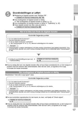 Page 2717
VIGTIGT KLARGØRINGBRUGINDSTILLING FEJL?
DANSK
Hvis du stadig ikke kan vise digitale kanaler efte r at have fulgt ovenstående trin, er der muligvis et 
problem med din antenne eller antennekablet. Elle r det kan være, at signalet er for svagt. 
g Kontakt din lokale forhandler
Meddelelsen “Intet elle r svagt signal” vises.
E
Grundindstillingen er udført
Redigering af digitale kanaler med “Rediger PR”
g
 Hvis modtagelsen af digitale  kanaler er dårlig...