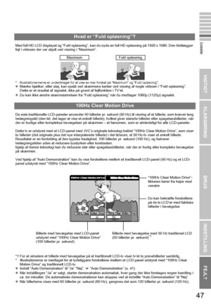 Page 5747
VIGTIGT KLARGØRINGBRUGINDSTILLING FEJL?
DANSKHvad er “Fuld opløsning”?
Med full HD LCD displayet og “Fuld opløsning”, kan du nyde en full HD opløsning på 1920 x 1080. Den blotlægger 
fejl i videoen der var skjult ved visning i “Maximum”.
* Illustrationernerne er understreget for at vise en klar forskel på “Maximum” og “Fuld opløsning”.zMærke bjælker, eller støj, kan opstå ved skærmens kant er ved visning af nogle videoer i “Fuld opløsning”. 
Dette er et resultat af signalet, ikke på grund af...