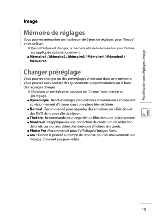 Page 3515
Modification des réglages : Image
Image
Mémoire de réglages
Vous pouvez mémoriser un maximum de 6 jeux de réglages pour “Image” 
et les utiliser.
● Quand l’entrée est changée, la mémoire utilisée la dernière fois pour l’entrée 
est 
appliquée automatiquement.
■ Mémoire1 / Mémoire2 / Mémoire3 / Mémoire4 / Mémoire5 / 
Mémoire6
Charger préréglage
Vous pouvez changer un des préréglages ci-dessous dans une mémoire.
Vous pouvez aussi réaliser des ajustements supplémentaires sur la base 
des réglages...