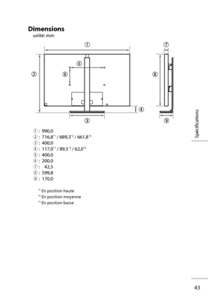 Page 6343
Spécifications
Dimensions
unité: mm
1 :  990,0
2 :  716,8
*1 / 689,3*2 / 661,8*3
3 :  400,0
4 :  117,0*1 / 89,5*2 / 62,0*3
5 :  400,0
6 :  200,0
7 :  42,5
8 :  599,8
9 :  170,0
 *1 En position haute
 *2 En position moyenne
 *3 En position basse
FR-WX70_EU.indb   43FR-WX70_EU.indb   433/4/09   11:29:19 AM3/4/09   11:29:19 AM
 