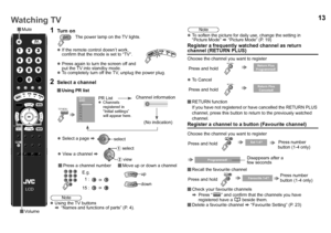 Page 1413
LCD
CH
CH
VOL
VOL
DISPLAY
TOP MENU
z
Using the TV buttons
g “Names and functions of parts” (P. 4). z
To soften the picture for daily use, change the setting in 
“Picture Mode”  g “Picture Mode” (P. 19)
Register a frequently watched channel as return channel (RETURN PLUS)
Choose the channel you want to register
z To Cancel
 RETURN function
If you have not registered or have cancelled the RETURN PLUS 
channel, press this button to return to the previously watched 
channel.
Register a channel to a...