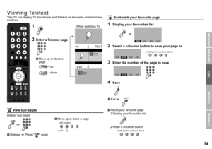 Page 1514
USE SETTING
TROUBLE?
PREPARE
IMPORTANT
This TV can display TV broadcasts and Teletext on the same channel in two 
windows.
 View sub-pages
Display sub-pages
 Bookmark your favourite page
MODE
CH
CH
(red) (green)
up
down
 Move up or down a page
 Release  g Press “ ” again
MODE
1Display your favourites list
2  Select a coloured button to save your page to
3Enter the number of the page to save
4Save
 Recall your favourite page 
 1 Display your favourites list
 2 Press a coloured button 
MODE
(red)...