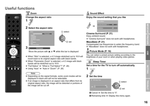 Page 1716
USE SETTING
TROUBLE?
PREPARE
IMPORTANT
 Zoom
Change the aspect ratio
z Depending on the signal formats, some zoom modes will be 
displayed in black and will not be selectable.
z If an image is displayed in an as pect ratio that differs from its 
original aspect ratio, the image wi ll be distorted or portions of 
the image will be cut off.
 Sound Effect
Enjoy the sound setting that you like
Cinema Surround (P. 21)
Enjoy ambient sound.
z “Cinema Surround” does not work with headphones.
MaxxBass (P....