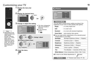 Page 2019
You can select a preset picture setting according to the 
brightness of your room or when playing video games.
You can make further adjustments to the selected preset 
“Picture Mode” to your liking.
 To return to the default adjustments  g  (blue)
1Display the menu bar
2Display the desired menu
3Change or adjust the setting
z The menu disappears 
after one minute of 
inactivity.
 To the previous 
screen
g
4Close the menu
Pictureselect 
Picture
Picture ModeStandard
White BalanceCoolFeatures...