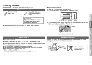 Page 76
USE SETTING
TROUBLE?
PREPARE
IMPORTANT
Please read P. 7 - 11 of this manual to set up your TV.
zStand and screws are also included. For details, refer to page 5.
 Power requirements
z Connect the power cord only to a 110 - 240 V, 50/60 Hz AC outlet.
 When attaching the TV to the wall, us e the optional JVC wall mounting unit
z Consult a qualified technician.
z See the included manual on mounting procedures.
z JVC assumes no responsibility for damage due to improper mounting.
z Mounting holes for wall...