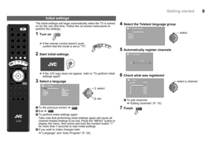 Page 109
The initial settings will begin automatically when the TV is turned 
on for the very first time. Follow  the on-screen instructions to 
perform the settings.
Initial settings
1Turn on 
z If the remote control doesn’t work, 
confirm that the mode is set to “TV”.
2Start initial settings
zIf the JVC logo does not appear, refer to “To perform initial 
settings again”.
3Select a language
To the previous screen  g 
 Exit  g 
 To perform initial settings again
Take note that performing initial settings...