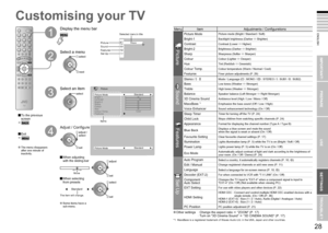 Page 18
27

ENGLISH
28

Just the way you like it
StandardStandard
Picture
Picture ModeStandardBright-1
FeaturesColour Temp.HueColourSharpBright-2Contrast
Cool
Picture
Picture ModeStandard
IMPORTANT!
PREPARE
USE
SETTINGS
TROUBLE?
Display the menu bar
Select a menu
Select an item
Adjust / Conﬁgure
Move
The item will change.
Selected menu’s title
Items
PictureSoundFeaturesSet Up
Customising your TV
To the previous screen
Exit
1
The menu disappears after one minute of inactivity.When adjusting with the...