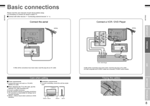 Page 5
7
ENGLISH
ENGLISH
8

IMPORTANT!PREPARE
USE
SETTINGS
TROUBLE?

Connect the aerial
Basic connections
200mm
50mm150mm150mm50mm
VCR / DVD Player
After all the connections have been made, insert the plug into an AC outlet.If both composite and S-VIDEO cables are connected, S-VIDEO will be enable.After all the connections have been made, insert the plug into an AC outlet.
AERIAL
Connect a VCR / DVD Player
AERIAL
Power requirementsConnect the power cord only to a 110-240V, 50/60Hz AC outlet.
When...