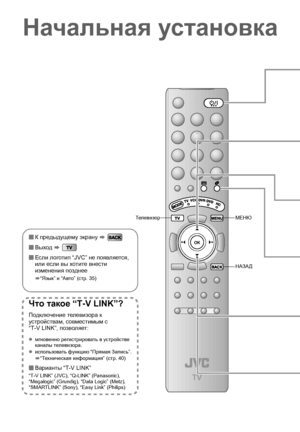 Page 189
Тел ев и зо рМЕНЮ
НАЗАД
Начальная установка  
Что такое  “T-V LINK”?
Подключение  телевизора  к  
устройствам , совместимым  с  
“T-V LINK”,  позволяет:
zмгновенно  регистрировать  в  устройстве  
каналы  телевизора .
z использовать  функцию  “Прямая  Запись ”.
g “Тех н и ч е с к а я  информация ” (стр . 40)
Варианты  “T-V LINK”
“T-V LINK” (JVC), “Q-LINK” (Panasonic), 
“Megalogic” (Grundig), “Data Logic” (Metz), 
“SMARTLINK” (Sony), “Easy Link” (Philips)
К предыдущему  экрану  g  
 Выход  g  
 Если...