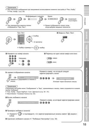 Page 2718
ВАЖНО ПОДГОТОВКА ИСПОЛЬЗОВАНИЕ НАСТРОЙКА
НЕПОЛАДКИ?
РУССКИЙ112 : 00
Информация о  канале
z Время  отображается  только  тогда , 
когда  выбрано  вещание  телетекста .
(
индикация  
отсутствует )
Время
z При  однократном  нажатии  кнопки  
отображается  “Прог . Лист ”.
Прог. Лист
+10
-10
Ijh]Ebkl
09 08 07 06 05 04 03
02
01
AVBBBBBB
z
Выб oр страницы  gвыб oр
B просмотр
Aвыб oр
 Закрыть  Прог . Лист
 Нажмите  на  номер  канала Переход  на  один  канал  вверх  или  вниз
Например ,
15 :...