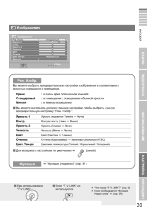 Page 3930
ВАЖНО ПОДГОТОВКА ИСПОЛЬЗОВАНИЕ НАСТРОЙКА
НЕПОЛАДКИ?
РУССКИЙ
Вы можете  выбрать  предварительные  настройки  изображения  в  соответствии  с  
яркостью  освещения  в  помещении .
 Вы  можете  выполнить  дополнительные  настройки , чтобы  выбрать  нужную  
предварительную  настройку  “Pеж. Изобр .”.
 Для  возврата  к  настройкам  по  умолчанию  g  ( синий)
Pеж . Изобр .
Яркий :в очень  ярко  освещенной  комнате
Стандартный :в помещении  с  освещением  обычной  яркости
Мягкий :в темном  помещении...