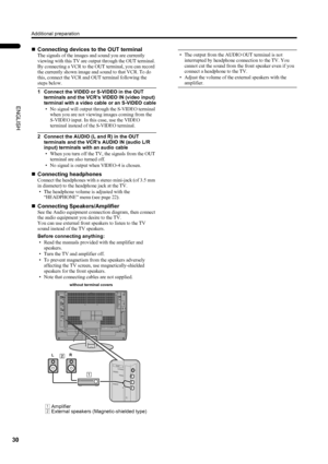 Page 32Additional preparation
30
LT-Z26S2 (ASIA) / LCT1488-002A-H / English
ENGLISH
„Connecting devices to the OUT terminal
The signals of the images and sound you are currently 
viewing with this TV are output through the OUT terminal. 
By connecting a VCR to the OUT terminal, you can record 
the currently shown image and sound to that VCR. To do 
this, connect the VCR and OUT terminal following the 
steps below.
1 Connect the VIDEO or S-VIDEO in the OUT 
terminals and the VCR’s VIDEO IN (video input)...