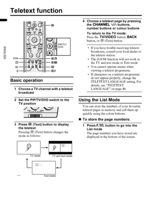 Page 2220
LT-Z32/26SX5 / LCT1869-002A / English
ENGLISH
Teletext function
Basic operation
1 Choose a TV channel with a teletext 
broadcast
2 Set the PIP/TV/DVD switch to the 
TV position
3 Press g (Text) button to display 
the teletext
Pressing g (Text) button changes the 
mode as follows:
4 Choose a teletext page by pressing 
the 6 p buttons, 
number buttons or colour buttons
To return to the TV mode:
Press the 4 button, b 
button, or g (Text) button.
• If you have trouble receiving teletext 
broadcasts,...