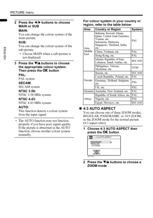 Page 3028
PICTURE menu
LT-Z32/26SX5 / LCT1869-002A / English
ENGLISH
2 Press the 5 buttons to choose 
MAIN or SUB
MAIN:
You can change the colour system of the 
main-picture.
SUB:
You can change the colour system of the 
sub-picture.
• Choose MAIN when a sub-picture is 
not displayed.
3 Press the 6 buttons to choose 
the appropriate colour system. 
Then press the a button
PAL:
PAL system
SECAM:
SECAM system
NTSC 3.58:
NTSC 3.58 MHz system
NTSC 4.43:
NTSC 4.43 MHz system
AUTO:
This function detects a colour...