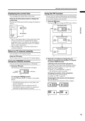 Page 1513
Remote control buttons and functions
LT-Z32/26S2 (ASIA) / LCT1597-001A / English
ENGLISH
Displaying the current time
You can display the Current Time on the screen.
Press the 
h
hh h (Information) button to display the 
current time
Pressing the 
h (Information) button changes the display as 
follows:
• This TV uses teletext data to set the current time. If the 
TV has not received a TV channel that has teletext 
programmes since it was turned on, the time display is 
blank. To view the current time,...