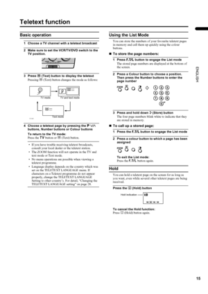 Page 1715
LT-Z32/26S2 (ASIA) / LCT1597-001A / English
ENGLISH
Teletext function
Basic operation
1 Choose a TV channel with a teletext broadcast
2 Make sure to set the VCR/TV/DVD switch to the 
TV position.
3 Press g
gg g (Text) button to display the teletext
Pressing g (Text) button changes the mode as follows:
4 Choose a teletext page by pressing the p
pp p p
pp p 
buttons, Number buttons or Colour buttons
To return to the TV mode:
Press the b button or g (Text) button.
• If you have trouble receiving teletext...