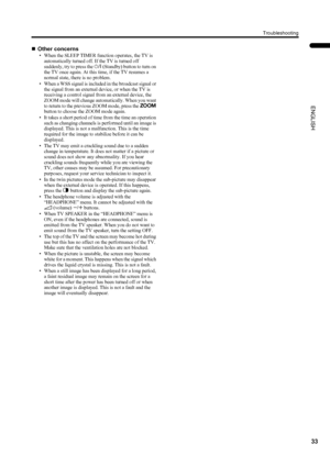 Page 3533
Troubleshooting
LT-Z32/26S2 (ASIA) / LCT1597-001A / English
ENGLISH
„Other concerns
• When the SLEEP TIMER function operates, the TV is 
automatically turned off. If the TV is turned off 
suddenly, try to press the # (Standby) button to turn on 
the TV once again. At this time, if the TV resumes a 
normal state, there is no problem.
• When a WSS signal is included in the broadcast signal or 
the signal from an external device, or when the TV is 
receiving a control signal from an external device, the...