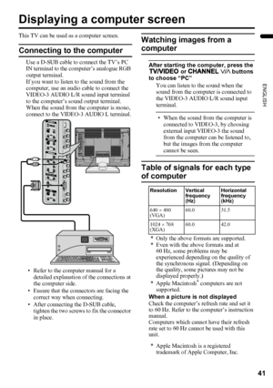 Page 4341
ENGLISH
LT-Z37/32/26SX5/32SX5W / LCT1869-002C / English
Displaying a computer screen
This TV can be used as a computer screen.
Connecting to the computer
Use a D-SUB cable to connect the TV’s PC 
IN terminal to the computer’s analogue RGB 
output terminal.
If you want to listen to the sound from the 
computer, use an audio cable to connect the 
VIDEO-3 AUDIO L/R sound input terminal 
to the computer’s sound output terminal.
When the sound from the computer is mono, 
connect to the VIDEO-3 AUDIO L...