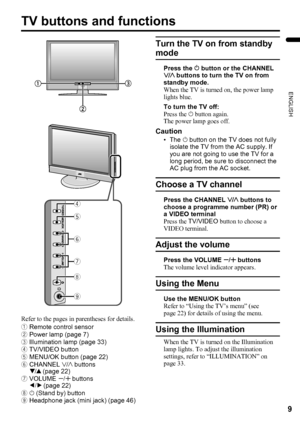 Page 119
ENGLISH
LT-Z37DX5 / LCT1961-001A / English
TV buttons and functions
Refer to the pages in parentheses for details.
1Remote control sensor
2Power lamp (page 7)
3Illumination lamp (page 33)
4TV/VIDEO button
5MENU/OK button (page 22)
6CHANNEL p buttons 
6 (page 22)
7VOLUME q buttons 
5 (page 22)
8A (Stand by) button
9Headphone jack (mini jack) (page 46)
Turn the TV on from standby 
mode
Press the A button or the CHANNEL 
p buttons to turn the TV on from 
standby mode.
When the TV is turned on, the power...