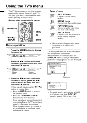 Page 2422
LT-Z37DX5 / LCT1961-001A / English
ENGLISH
Using the TV’s menu
This TV has a number of functions you can 
operate using menus. To use all your TV’s 
functions, you need to understand the basic 
menu operating techniques fully.
Buttons used to operate the menus
Basic operation
1 Press the H button to display 
the menu bar
2 Press the 5 buttons to choose 
the menu you want to use and then 
press the a button
3 Press the 6 buttons to choose 
the item to be set, press the 5 
buttons to set the item, and...