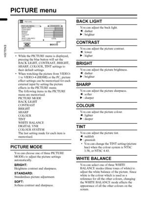 Page 2624
LT-Z37DX5 / LCT1961-001A / English
ENGLISH
PICTURE menu
• While the PICTURE menu is displayed, 
pressing the blue button will set the 
BACK LIGHT, CONTRAST, BRIGHT, 
SHARP, COLOUR, TINT settings to 
their default settings.
• When watching the picture from VIDEO-
1 to VIDEO-4 (HDMI) or the PC, picture 
effect settings can be memorised for each 
external input by setting the picture 
effects in the PICTURE menu.
The following items in the PICTURE 
menu are memorised.
PICTURE MODE
BACK LIGHT
CONTRAST...