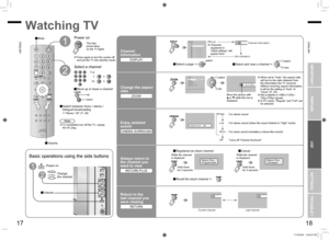 Page 11
17
ENGLISH
ENGLISH
18

1

16 : 9   Zoom

HighCinema Surround

AV0203040506070809
PR List
01

AutoPanoramicPanoramic14:9 Zoom16:9 Zoom16:9 Zoom SubtitleFull
ZoomRegular

CHANNEL
VOLUME
MENU/OK
TV/VIDEO

CHANNEL

Return PlusProgrammed!

23
34

Return PlusCanceled!

IMPORTANT! PREPARE
USE
SETTINGS
TROUBLE?

Select a channel
up
down
Power on
The blue  power lamp  on the TV lights
DISPLAY
Channel information
Watching TV
Mute
NoteTo completely turn off the TV, unplug the AC plug.
Press again to turn the...