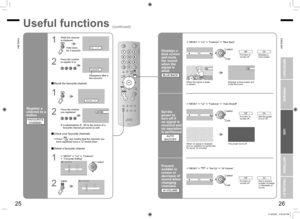 Page 15
25
ENGLISH
ENGLISH
26

Set      1 - 4?

Programmed!

Favourite  1 - 4?

112

>
1PR012PR03
4PR073PR05
Favourite Setting

>
1PR012PR03
4PR073
Favourite Setting

Movie TheatreOn

12
12

Movie TheatreOn

Movie TheatreOn

IMPORTANT!PREPARE
USE
SETTINGS
TROUBLE?

Useful functions (continued)
Register a  channel to a button
FAVOURITE CHANNEL
Displays a blue screen and mute the sound when the signal is weak
BLUE BACK
2 set
1 selectHold down for 3 seconds
While the channel is displayed
Press the number to...