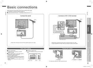 Page 6
7
ENGLISH
ENGLISH
8

IMPORTANT!PREPARE
USE
SETTINGS
TROUBLE?

Connect the aerial
Basic connections
200mm
50mm150mm150mm50mm
VCR / DVD recorder
After all the connections have been made, insert the plug into an AC outlet.If both composite and S-VIDEO cables are connected, S-VIDEO will be enable.After all the connections have been made, insert the plug into an AC outlet.
AERIAL
Connect a VCR / DVD recorder
AERIAL
Power requirementsConnect the power cord only to a 110-240V, 50/60Hz AC outlet.
When...