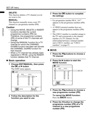 Page 3836
SET UP menu
LT-Z37/32/26SX5/32SX5W / LCT1869-002C / English
ENGLISH
DELETE:
This function deletes a TV channel you do 
not want to list.
MANUAL:
This function manually stores a new TV 
channel in a programme number (PR).
Caution
• Using the MOVE, DELETE or INSERT 
functions rewrites the current 
programme numbers (PR) list. 
Therefore, the programme numbers 
(PR) of some of the TV channels will 
change.
• Using the MANUAL function for a TV 
channel for which the CHANNEL 
GUARD function has been set...