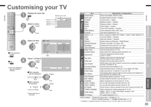 Page 17
29
ENGLISH
ENGLISH
30

Just the way you like it
StandardStandard
Picture
Picture ModeStandardBack Light
FeaturesWhite BalanceTintColourSharpBrightContrast
Cool
Picture
Picture ModeStandard
IMPORTANT!PREPARE
USE
SETTINGS
TROUBLE?
Display the menu bar
Select a menu
Select an item
Adjust / Conﬁgure
Move
The item will change.
Selected menu’s title
Items
PictureSoundFeaturesSet Up
Customising your TV
To the previous screen
Exit
1
The menu disappears after one minute of inactivity.When adjusting with...