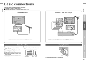 Page 6
7
ENGLISH
ENGLISH
8

IMPORTANT!PREPARE
USE
SETTINGS
TROUBLE?

Connect the aerial
Basic connections
200mm
50mm150mm150mm50mm
VCR / DVD Player
After all the connections have been made, insert the plug into an AC outlet.If both composite and S-VIDEO cables are connected, S-VIDEO will be enable.After all the connections have been made, insert the plug into an AC outlet.
AERIAL
Connect a VCR / DVD Player
AERIAL
Power requirementsConnect the power cord only to a 110-240V, 50/60Hz AC outlet.
When...