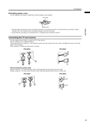 Page 1311
Connections
ENGLISH
PD-42/35DX(ASIA) / LCT1373-001A / English
„Bundling speaker cords
Use the supplied cord clamps to bundle the connected speaker cords together.
• Peel the paper from the back of the cord clamp and attach it at the desired location. To ensure that the cord clamp is firmly 
attached, wait a few minutes before inserting the speaker cords into the clamp.
• Ensure that the cord clamp is not attached above a ventilation hole at the back of the TV.
Connecting the TV and receiver
Use the...