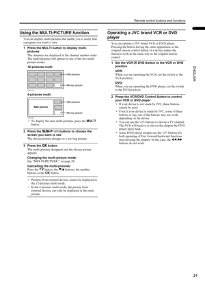 Page 2321
Remote control buttons and functions
ENGLISH
PD-42/35DX(ASIA) / LCT1373-001A / English
Using the MULTI-PICTURE function
You can display multi-pictures that enable you to easily find 
a program you want to view.
1 Press the MULTI button to display multi-
pictures
The channels are displayed in the channel number order.
The multi-pictures will appear in one of the two multi-
picture modes.
12-pictures multi:
4-pictures multi:
• To display the next multi-pictures, press the MULTI 
button.
2 Press the U
UU...