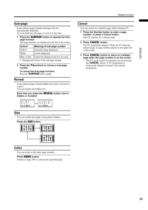 Page 2523
Teletext function
ENGLISH
PD-42/35DX(ASIA) / LCT1373-001A / English
Sub-page
Some teletext pages include sub-pages that are 
automatically displayed.
You can hold any sub-page, or view it at any time.
1 Press the O
OO O button to operate the Sub-
page function
Sub-page numbers are displayed at the left of the screen.
*: Background colour of the sub-page number.
2 Press the 6
66 6 buttons to choose a sub-page 
number
To cancel the Sub-page function:
Press the O button again.
Reveal
Some teletext pages...