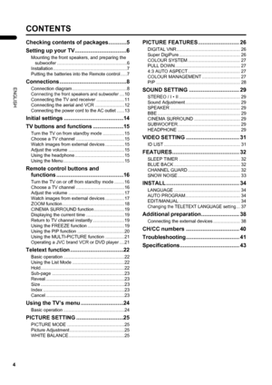 Page 64
PD-42/35DX(ASIA) / LCT1373-001A / English
ENGLISH
CONTENTS
Checking contents of packages............5
Setting up your TV..................................6
Mounting the front speakers, and preparing the 
subwoofer .......................................................6
Installation ..........................................................7
Putting the batteries into the Remote control .....7
Connections ............................................8
Connection diagram...