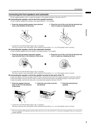 Page 119
Connections
ENGLISH
PD-42DX(ASIA)/ LCT1309-001A / English
Connecting the front speakers and subwoofer
Use the supplied speaker cords to connect the speakers to the speaker terminals at the back of the TV.
„Connecting the speaker cord to the front speaker terminal
Connect using the supplied front speaker cords (approximately 1.2 m in length).
1 Press the spring-loaded speaker input terminal 
lever in the direction of the arrow2 Press the core of the cord into the terminal and 
lock it in place by...