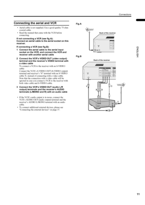 Page 1311
Connections
ENGLISH
PD-42DX(ASIA)/ LCT1309-001A / English
Connecting the aerial and VCR
• Aerial cable is not supplied. Use a good quality 75-ohm 
coaxial cable.
• Read the manual that came with the VCR before 
connecting.
If not connecting a VCR (see fig.A):
Connect an aerial cable to the aerial socket on this 
receiver.
If connecting a VCR (see fig.B):
1 Connect the aerial cable to the aerial input 
socket on the VCR, and connect the VCR and 
receiver with another aerial cable
2 Connect the VCR’s...