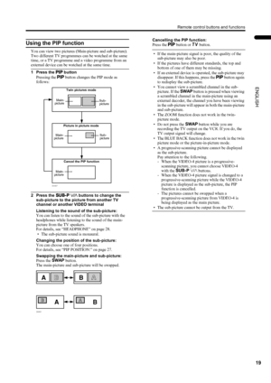 Page 2119
Remote control buttons and functions
ENGLISH
PD-42DX(ASIA)/ LCT1309-001A / English
Using the PIP function 
You can view two pictures (Main-picture and sub-picture).
Two different TV programmes can be watched at the same 
time, or a TV programme and a video programme from an 
external device can be watched at the same time.
1 Press the P
PP P button
Pressing the P
PP P button changes the PIP mode as 
follows:
2 Press the U
UU U p
pp p buttons to change the 
sub-picture to the picture from another TV...