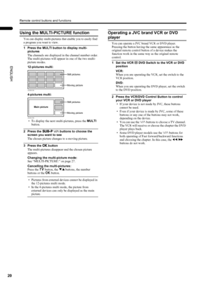 Page 22Remote control buttons and functions
20
PD-42DX(ASIA)/ LCT1309-001A / English
ENGLISH
Using the MULTI-PICTURE function
You can display multi-pictures that enable you to easily find 
a program you want to view.
1 Press the MULTI button to display multi-
pictures
The channels are displayed in the channel number order.
The multi-pictures will appear in one of the two multi-
picture modes.
12-pictures multi:
4-pictures multi:
• To display the next multi-pictures, press the MULTI 
button.
2 Press the U
UU U...