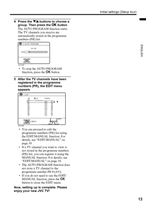 Page 15Initial settings (Setup tour)
13
ENGLISH
PD-Z50DX4 / LCT1781-001A / English
4 Press the 6 buttons to choose a 
group. Then press the a button
The AUTO PROGRAM function starts. 
The TV channels you receive are 
automatically stored in the programme 
numbers (PR) list.
• To stop the AUTO PROGRAM 
function, press the a button.
5 After the TV channels have been 
registered in the programme 
numbers (PR), the EDIT menu 
appears
• You can proceed to edit the 
programme numbers (PR) list using 
the EDIT/MANUAL...