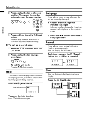 Page 2826
Teletext function
PD-Z50DX4 / LCT1781-001A / English
ENGLISH
2 Press a colour button to choose a 
position. Then press the number 
buttons to enter the page number
3 Press and hold down the A (Store) 
button
The four page numbers blink white to 
show that they are stored in memory.
„To call up a stored page:
1 Press the B button to enter the 
List mode
2 Press a colour button having a 
stored page
To exit the List mode:
Press the B button again.
Hold
You can hold a teletext page on the screen for 
as...