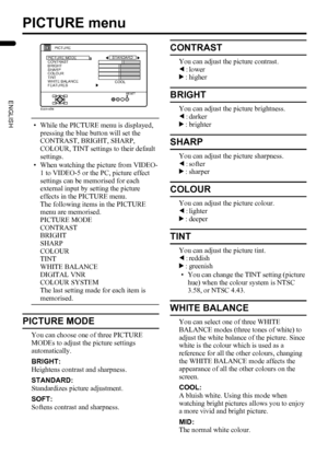 Page 3230
PD-Z50DX4 / LCT1781-001A / English
ENGLISH
PICTURE menu
• While the PICTURE menu is displayed, 
pressing the blue button will set the 
CONTRAST, BRIGHT, SHARP, 
COLOUR, TINT settings to their default 
settings.
• When watching the picture from VIDEO-
1 to VIDEO-5 or the PC, picture effect 
settings can be memorised for each 
external input by setting the picture 
effects in the PICTURE menu.
The following items in the PICTURE 
menu are memorised.
PICTURE MODE
CONTRAST
BRIGHT
SHARP
COLOUR
TINT
WHITE...