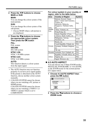 Page 35PICTURE menu
33
ENGLISH
PD-Z50DX4 / LCT1781-001A / English
2 Press the 5 buttons to choose 
MAIN or SUB
MAIN:
You can change the colour system of the 
main-picture.
SUB:
You can change the colour system of the 
sub-picture.
• Choose MAIN when a sub-picture is 
not displayed.
3 Press the 6 buttons to choose 
the appropriate colour system. 
Then press the a button
PAL:
PAL system
SECAM:
SECAM system
NTSC 3.58:
NTSC 3.58 MHz system
NTSC 4.43:
NTSC 4.43 MHz system
AUTO:
This function detects a colour system...