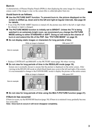 Page 53
ENGLISH
PD-Z50DX4 / LCT1781-001A / English
Burn-in
A characteristic of Plasma Display Panels (PDPs) is that displaying the same image for a long time 
causes a part of the image to stay on the screen (this is called phosphor burn-in).
Avoid burn-in as follows.
„
Use the PICTURE SHIFT function. To prevent burn-in, the picture displayed on the 
screen is shifted up, down and to the left and right at regular intervals. See page 44 
for details.
• Even if the PICTURE SHIFT function is turned off, the...