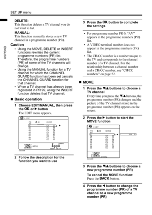 Page 4240
SET UP menu
PD-Z50DX4 / LCT1781-001A / English
ENGLISH
DELETE:
This function deletes a TV channel you do 
not want to list.
MANUAL:
This function manually stores a new TV 
channel in a programme number (PR).
Caution
• Using the MOVE, DELETE or INSERT 
functions rewrites the current 
programme numbers (PR) list. 
Therefore, the programme numbers 
(PR) of some of the TV channels will 
change.
• Using the MANUAL function for a TV 
channel for which the CHANNEL 
GUARD function has been set cancels 
the...