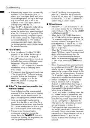 Page 5654
Troubleshooting
PD-Z50DX4 / LCT1781-001A / English
ENGLISH
• When viewing images from commercially 
available video software products, or 
videos from videotapes which have been 
recorded improperly, the top of the image 
may be distorted. This is due to the 
condition of the video signal. There is 
nothing wrong with the TV.
• Since this TV is designed to make full use 
of the resolution of the original video 
source, the motion may appear unnatural 
when the video source is input with 576p...