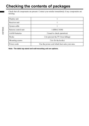 Page 86
PD-Z50DX4 / LCT1781-001A / English
ENGLISH
Checking the contents of packages
Check that all components are present. Contact your retailer immediately if any components are 
missing.
Note: The table top stand and wall-mounting unit are options.
Display unit 1
Receiver unit 1
System cable 1
Remote control unit 1 (RM-C1830)
AA/R6 batteries 2 (used to check operation)
Hooks 2 (to prevent the TV from falling)
Mounting screws 2 (to fix the hooks)
Power cords Use the power cord which best suits your area....