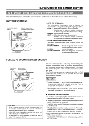 Page 8383
13. FEATURES OF THE CAMERA SECTION
Various switch settings are performed to accommodate the conditions of the illumination and the subject when shooting.
SWITCH FUNCTIONS
1AUTO IRIS LEVEL switch
This switch allows the reference value for the auto iris
adjustment to be changed according to the lighting condition.
BACK. L: When the subject is in backlit conditions.
Sets the Auto Iris reference value to a value that
is about 1 step wider than the standard setting.
NORMAL: Normal lighting condition.
SPOT....