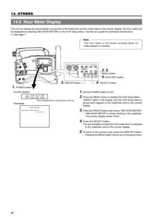 Page 9292
14. OTHERS
Counter display
Viewfinder
Accumulated drum running time: 200 hrs.
MENU button
2. 5. 
5.
 DATA SET button
4. SELECT button3. GROUP button
1. POWER switch
LIGHTON
OFFCOUNTERCTL
TC
UB
RESETOPERATE/WARNING
MONITOR 
SELECT
STATUS SHUTTER
MENU
FILTER1  3200k
2  5600k
3  5600k+ND
POWERNGGAINOUTPUT
WHT.BAL VTR
ON OFF
ALARM
MONITOR
CH-1CH-2AUDIO
LEVELAUTO IRIS LOLUX
BACK LNORMALSPOT LSTRETCHNORMALCOMPRESSFULL AUTO BLACK
HMLSAVE STBY
BARS CAM
ON
OFFAUTO KNEE
PRST A B
( HOUR ME T E R )
DH : DRUM HOUR...