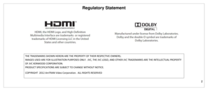 Page 3Regulatory Statement 
2 
 
 
 
 
 
THE TRADEMARKS SHOWN HEREIN ARE THE PROPERTY OF THEIR RESPECTIVE OWNERS; 
IMAGES USED ARE FOR ILLUSTRATION PURPOSES ONLY.  JVC, THE JVC LOGO, AND OTHER JVC TRADEMARKS ARE THE INTELLECTUAL PROPERTY 
OF JVC KENWOOD CORPORATION. 
PRODUCT SPECIFICATIONS ARE SUBJECT TO CHANGE WITHOUT NOTICE. 
COPYRIGHT  2012 AmTRAN Video Corporation.  ALL RIGHTS RESERVED  